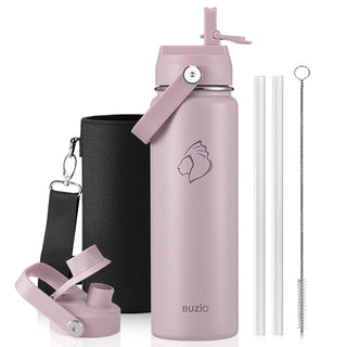 BUZIO 40oz Insulated Water Bottle, Triple Wall Vacuum Stainless Steel Water Flask with 2 lids, Lead-Free BPA-Free Straw Lid Sports Canteen Jug, Cold 48H & Hot 24H- Black