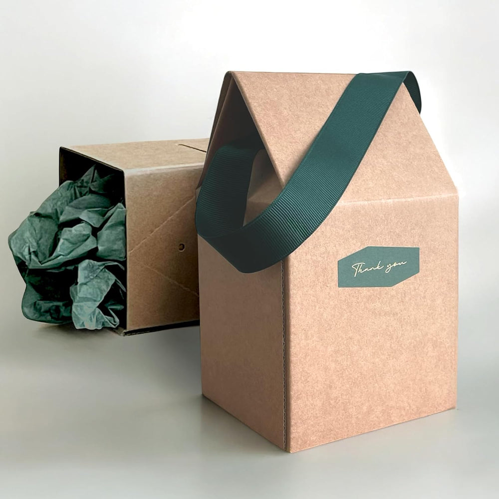 BYMARUE Elegant House-Shaped Gift Box Set with Handle, Thank You Sticker & Tissue Paper - Sturdy, Corrugated Gift Packaging, Goody Bags, Housewarming Favor Box for Mugs, Glass, Jams, Candles, Bottles, Jars, Cookies - Kraft Brown & Forest Green (1 Set)