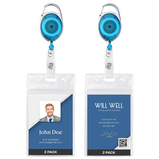 Will Well ID Badge Holders with Clip and Keyring - Vertical Clear Plastic 2.52" x 3.58" Sleeves Fit Up to 3 Cards - Retractable 24" UHMWPE Fiber Pull Cords for Easy Access - 2-Pack, Black Reels