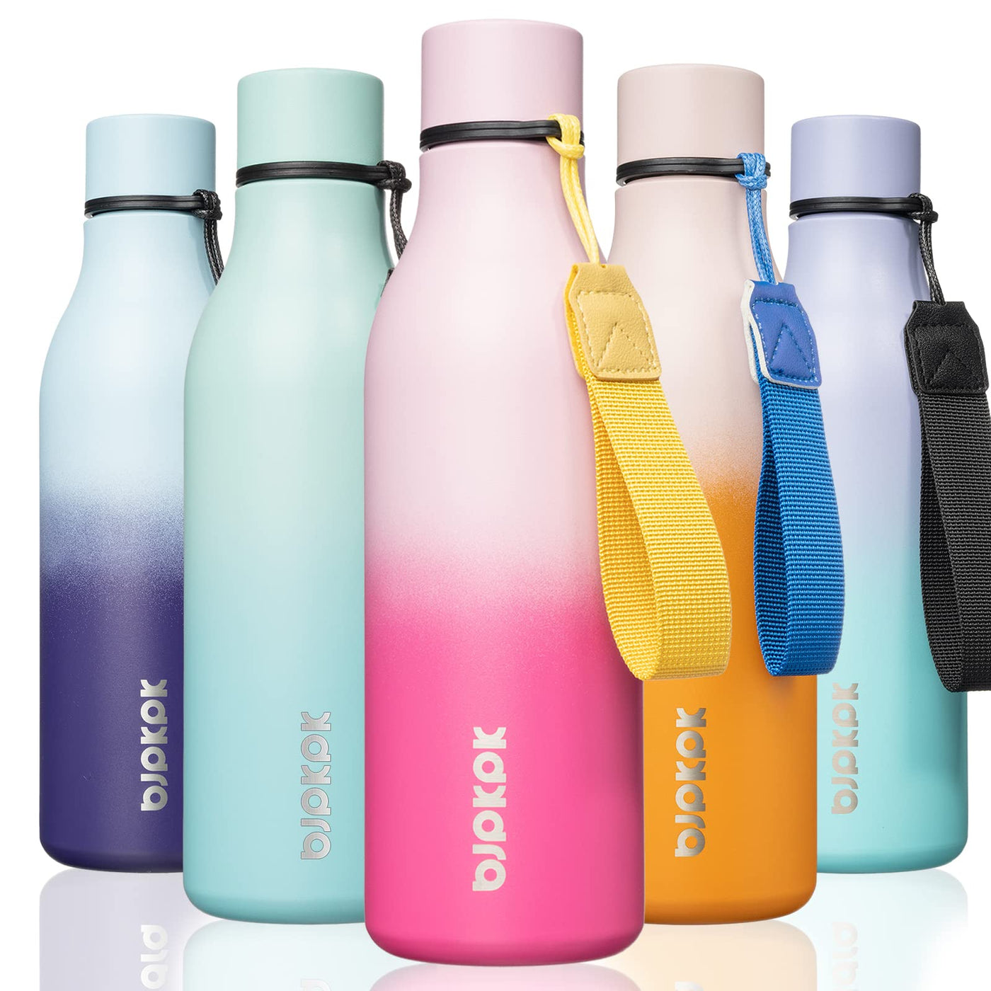 BJPKPK Insulated Water Bottles, 18 oz Stainless Steel Metal Water Bottle with Strap, BPA Free Leak Proof Jugs, Mugs, Flasks, Reusable Thermal Flasks for Sports & Travel, Orange