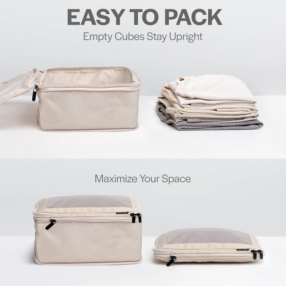 Aerotrunk Compression Packing Cubes for Travel - Luggage Organizer Bags - Double Zipper Packing Cubes for Suitcases (6-Pack, Beige)