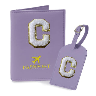 COSHAYSOO Purple Passport Cover Holder and Initial Luggage Tag Set TSA Approved with Personalized Monogram Chenille Letter Patch for Women Teen Girls, Cute Travel Bag Suitcase Identifier (A)