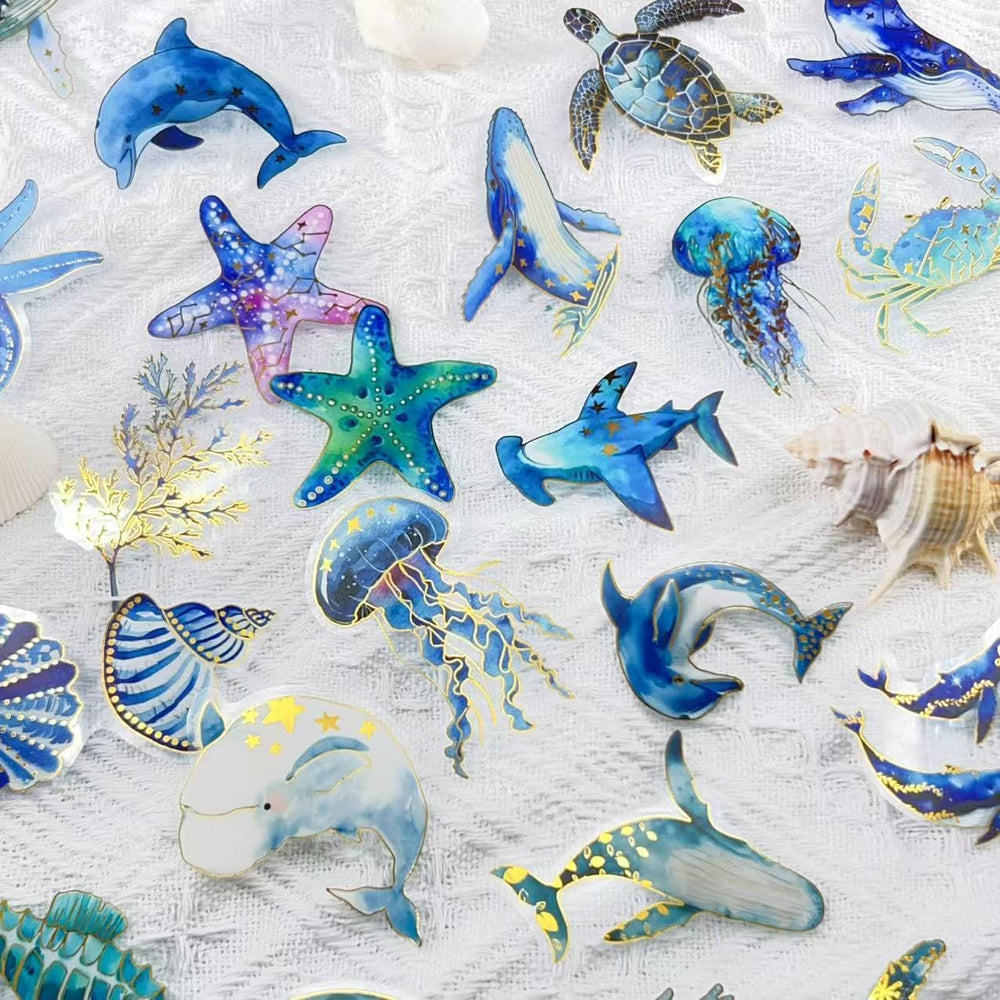 Cute Marine Life Gold-Embossed Waterproof Stickers for Water Bottle, 50PCS Cool Marine Creatures Transparent Stickers Pack for Laptop, Scrapbook, Ocean Animal Blue Golden Decals Gift