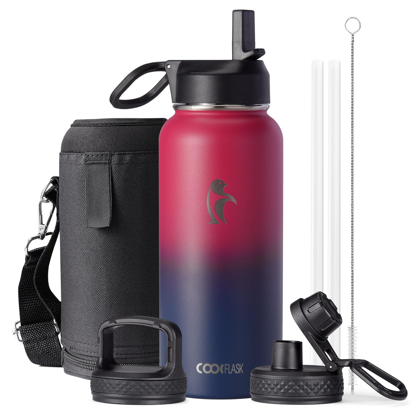 Water Bottle 40 oz Insulated with Straw&Brush, Coolflask Vaccum Stainless Steel Metal 3 Lids Water Flask for Sports, Gym or Office, Keep Cold 48H Hot 24H, Magic Black