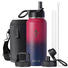 Water Bottle 40 oz Insulated with Straw&Brush, Coolflask Vaccum Stainless Steel Metal 3 Lids Water Flask for Sports, Gym or Office, Keep Cold 48H Hot 24H, Magic Black