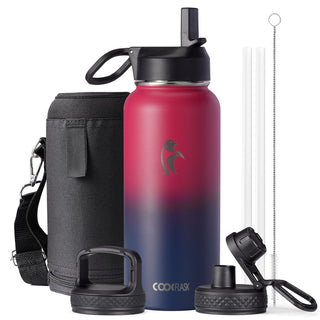 Water Bottle 40 oz Insulated with Straw&Brush, Coolflask Vaccum Stainless Steel Metal 3 Lids Water Flask for Sports, Gym or Office, Keep Cold 48H Hot 24H, Magic Black