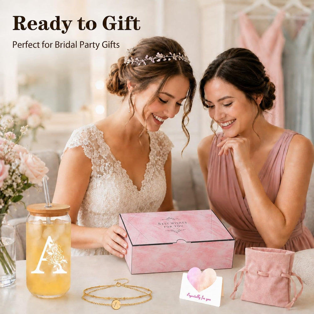Bridesmaid Gifts for Women, Glass Cup and Bracelet Gift Set, Bridal Party Gift Box for Bridesmaid Thank You, Wedding Weekend, Bridal Shower or Proposal, Initial A