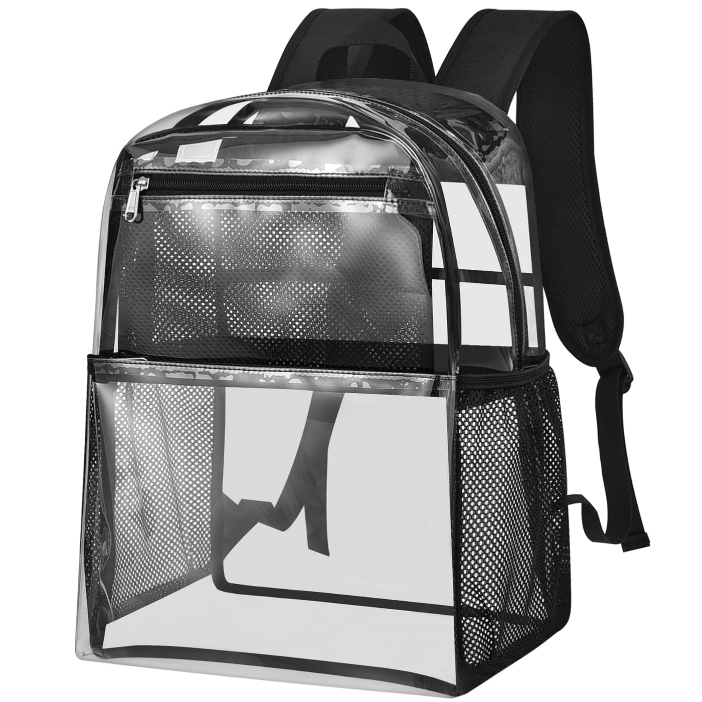 Paxiland Clear Backpack Stadium Approved 12×12×6 with Reinforced and Wider Shoulder Straps, Small Clear Bag for Schools, Concerts, Work, Festivals and Sporting Events - Black