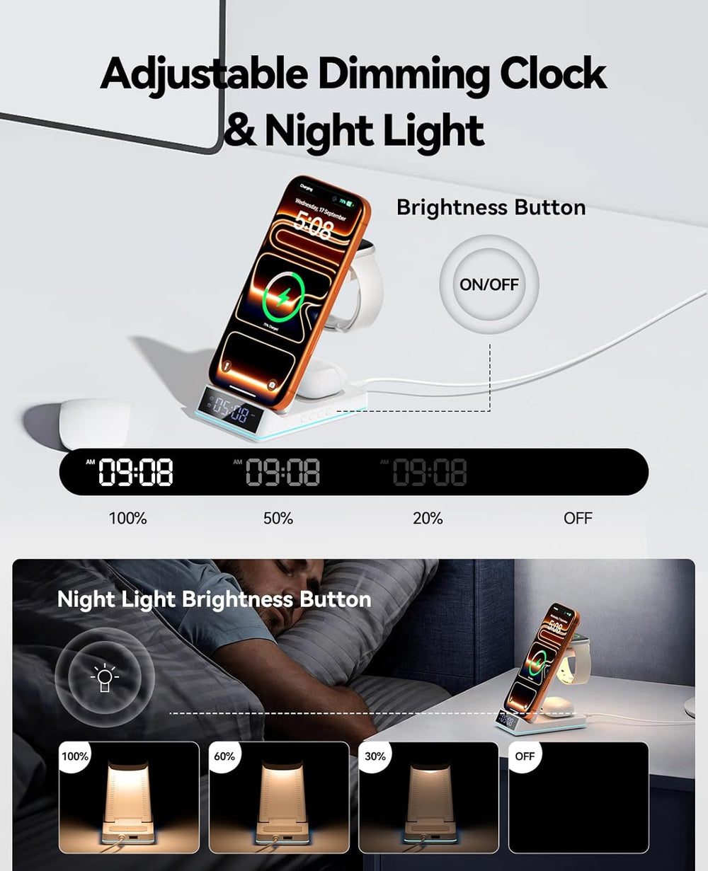 2026 Upgraded Wireless Charging Station, 7 in 1 Wireless Charger Station Foldable Charger Stand with Night Light/Alarm Clock for iPhone 17-12 Pro Max Plus, Apple Watch, AirPods Gifts for Fathers Day