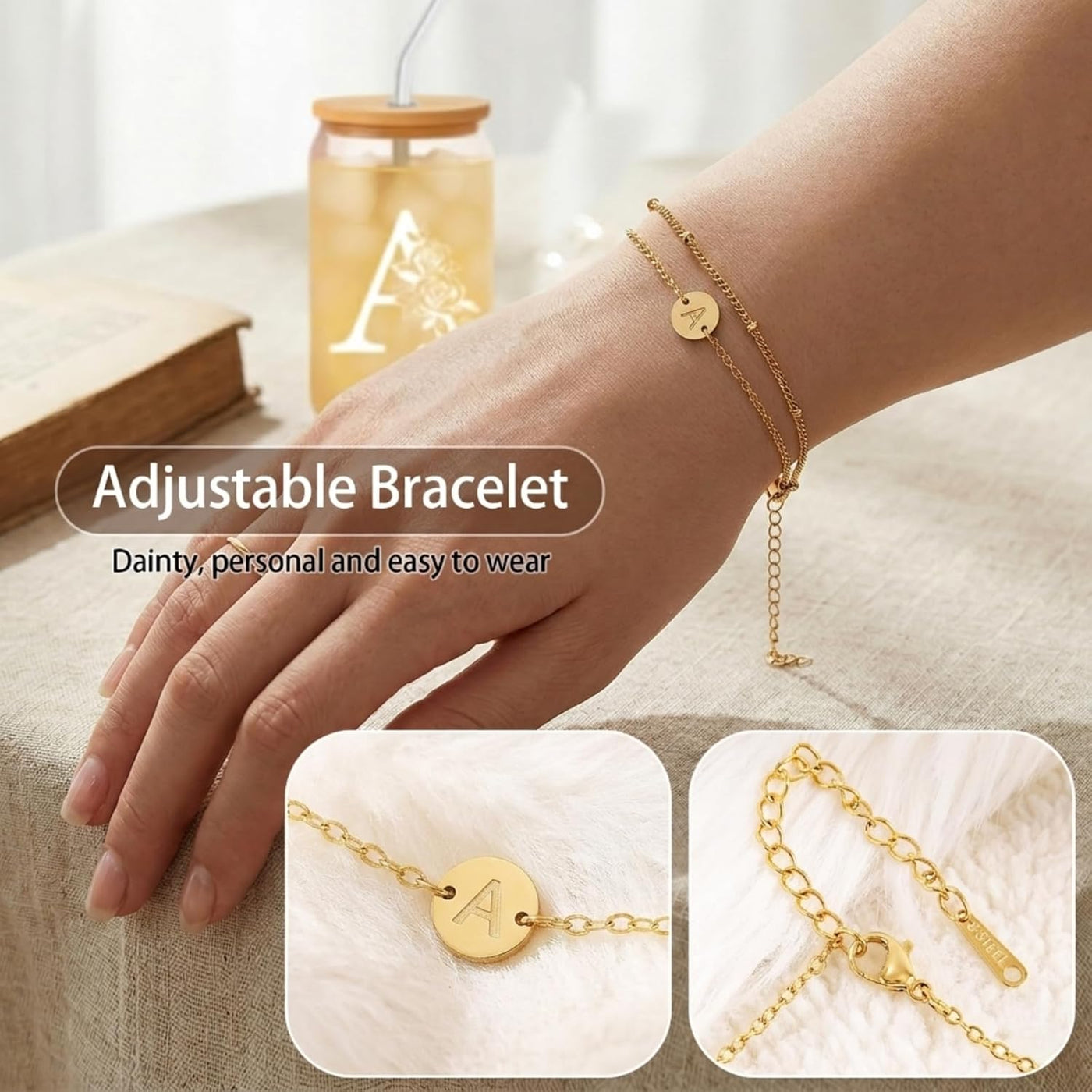 Friendship Gifts for Women, Initial Glass Cup and Bracelet Gift Set, Personalized Ready to Gift Letter Gift for Bestie, Women Friends and Special Occasions