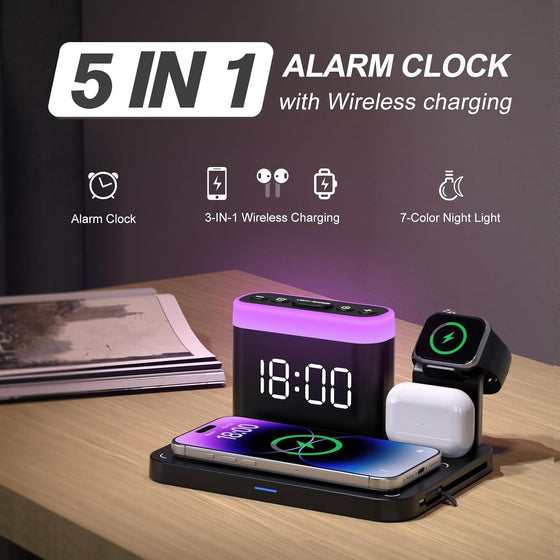 ANJANK Wireless Charging Station,5 in 1 Multiple Charger Stand with Alarm Clock,7 Night Light,Magnetic Charging Dock for iPhone 17 16 15 14 13 12 Pro Max Plus,Apple Watch 11/10/9/8,for Airpods,Bedroom - hover image