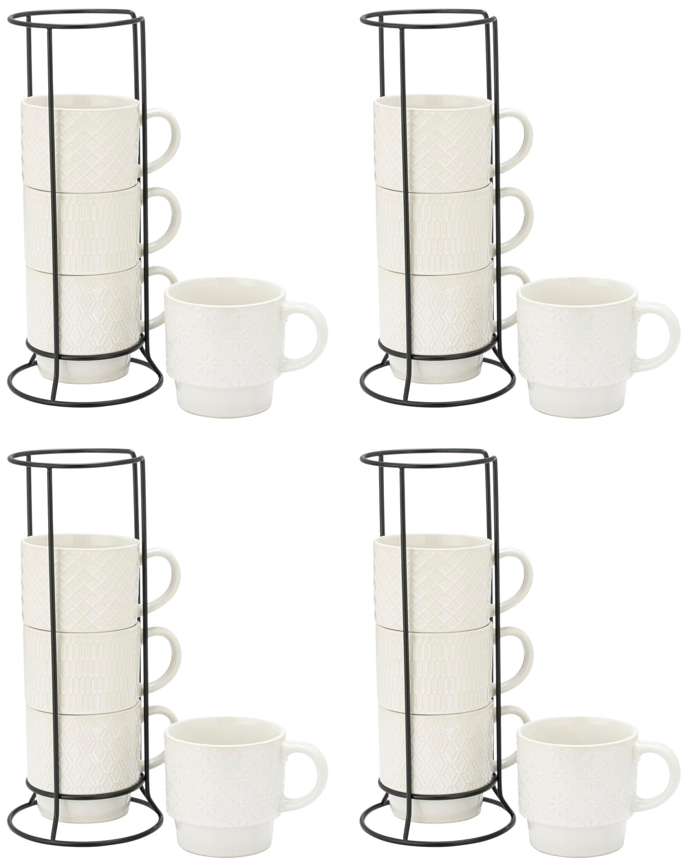 Signature Housewares Stackable Coffee Mug Tower Set with Metal Wire Rack - 15 Ounce Coffee Mugs for Coffee, Tea, Cocoa, Milk, Cappuccino, Hot Chocolate Set of 4 - Be Happy Matte Black