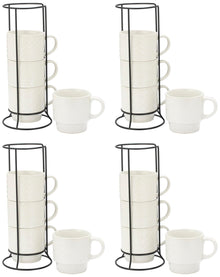 Signature Housewares Stackable Coffee Mug Tower Set with Metal Wire Rack - 15 Ounce Coffee Mugs for Coffee, Tea, Cocoa, Milk, Cappuccino, Hot Chocolate Set of 4 - Be Happy Matte Black