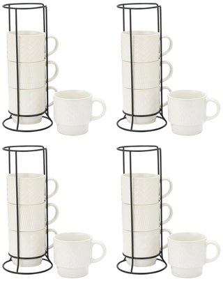 Signature Housewares Stackable Coffee Mug Tower Set with Metal Wire Rack - 15 Ounce Coffee Mugs for Coffee, Tea, Cocoa, Milk, Cappuccino, Hot Chocolate Set of 4 - Be Happy Matte Black