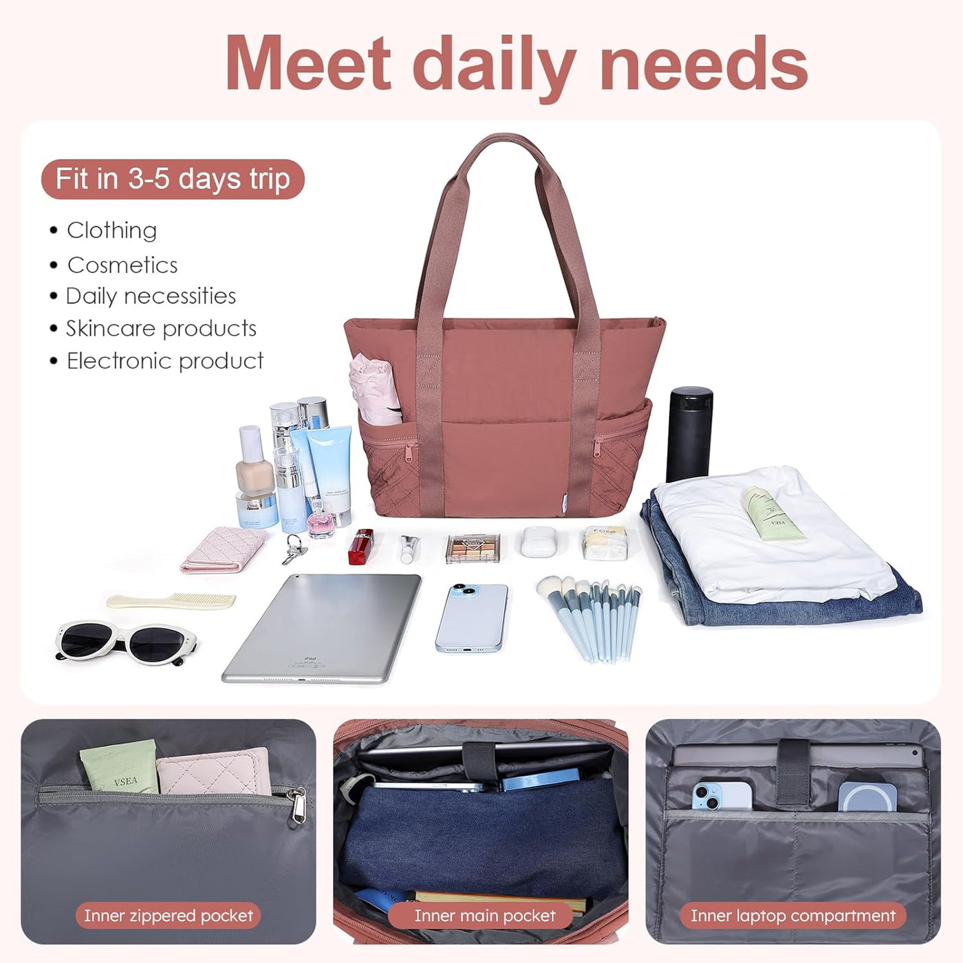 NOL Lightweight Puffer Tote Bag for Women-Quilted Shoulder Bag with Zippered Compartments | Waterproof Puffy Handbag for Work