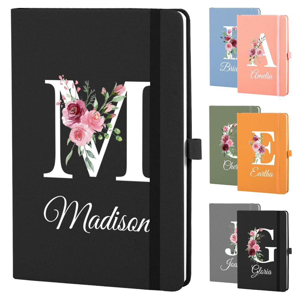 Booornainde Personalized Journal Notebook with Name & Initial, A5 Lined Linen Hardcover Journal with Pen Loop, Elastic Band & Ribbon Bookmark, Custom Notebook for Women Mom Daughter Teacher