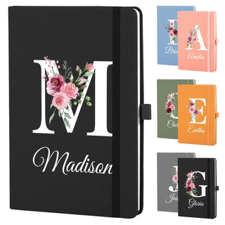 Booornainde Personalized Journal Notebook with Name & Initial, A5 Lined Linen Hardcover Journal with Pen Loop, Elastic Band & Ribbon Bookmark, Custom Notebook for Women Mom Daughter Teacher