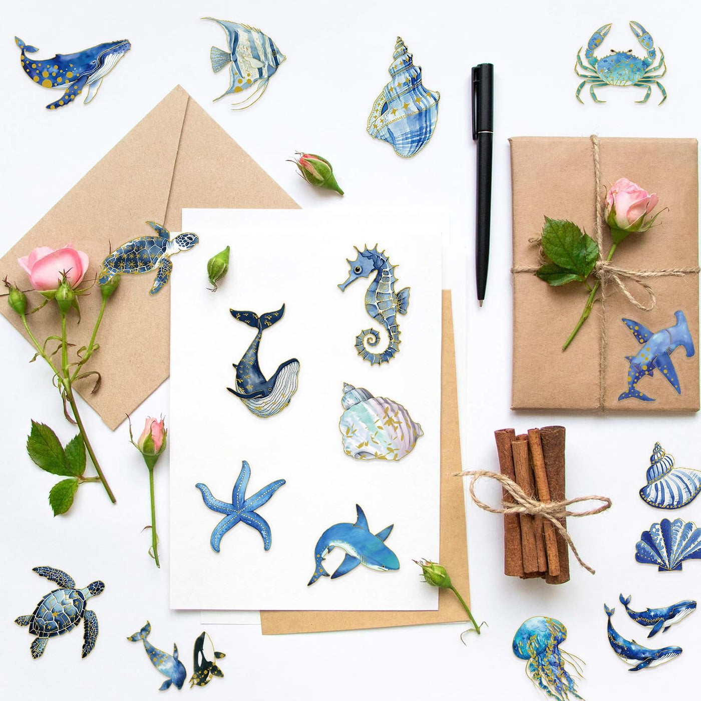 Cute Marine Life Gold-Embossed Waterproof Stickers for Water Bottle, 50PCS Cool Marine Creatures Transparent Stickers Pack for Laptop, Scrapbook, Ocean Animal Blue Golden Decals Gift