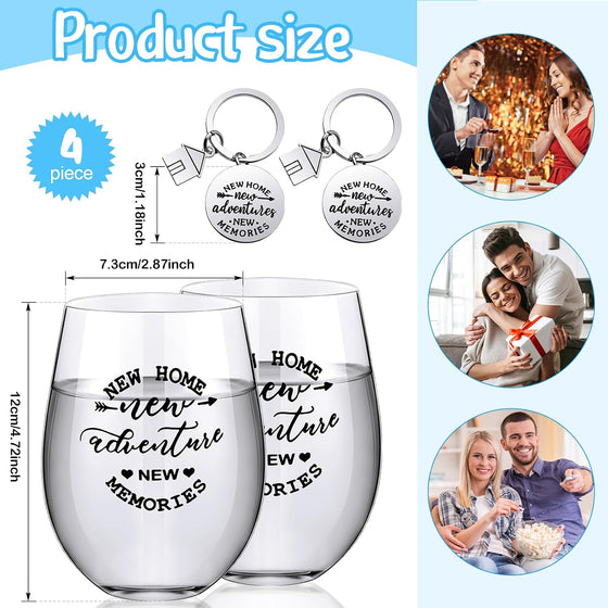 Lallisa 4 Pcs Housewarming Gifts for New House 2 Stemless Wine Glasses Bottle and 2 New Home Keychain Adventures Keyrings for Newlywed Couple, Friends, Apartment Homeowner Newlywed - hover image