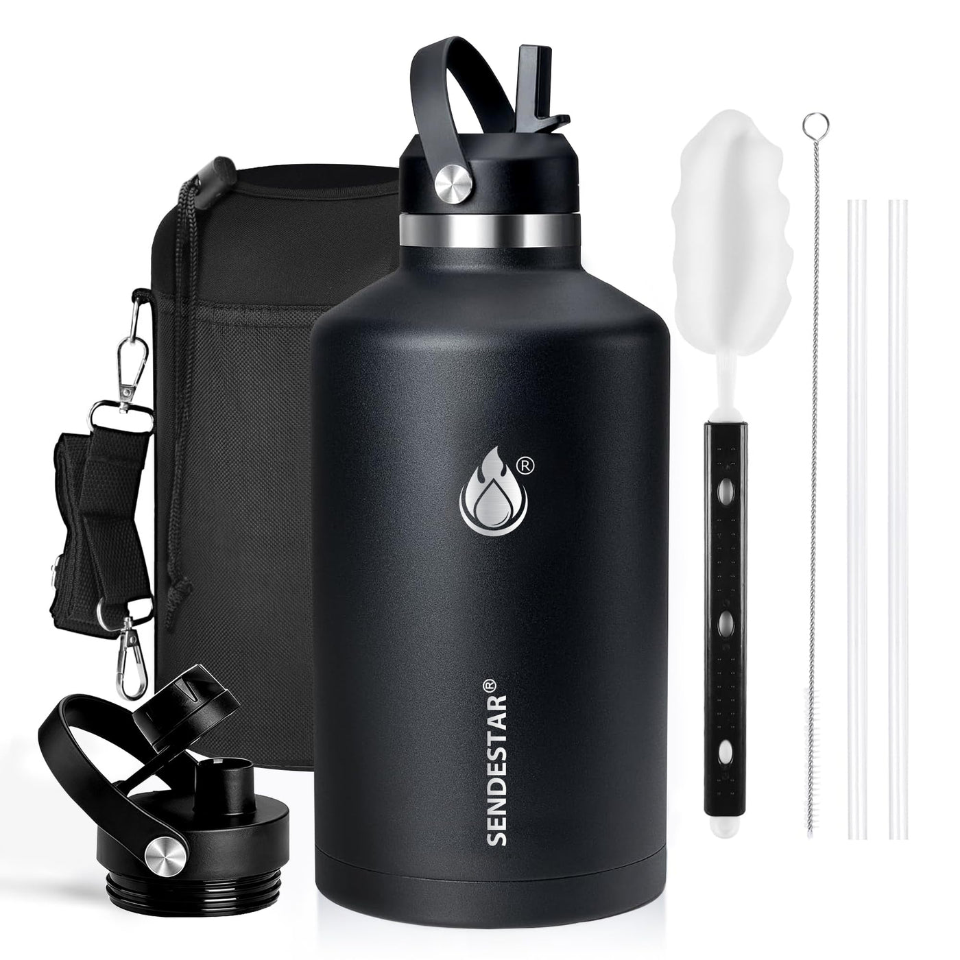 SENDESTAR Water Bottle 32oz Double Wall Vacuum Insulated Leak Proof Stainless Steel Sports Water Bottle—Wide Mouth with New Flex Straw Lid & Spout Lid (Deep Blue&Black)
