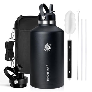 SENDESTAR Water Bottle 32oz Double Wall Vacuum Insulated Leak Proof Stainless Steel Sports Water Bottle—Wide Mouth with New Flex Straw Lid & Spout Lid (Deep Blue&Black)