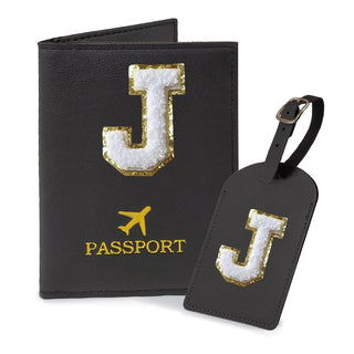 COSHAYSOO Purple Passport Cover Holder and Initial Luggage Tag Set TSA Approved with Personalized Monogram Chenille Letter Patch for Women Teen Girls, Cute Travel Bag Suitcase Identifier (A)
