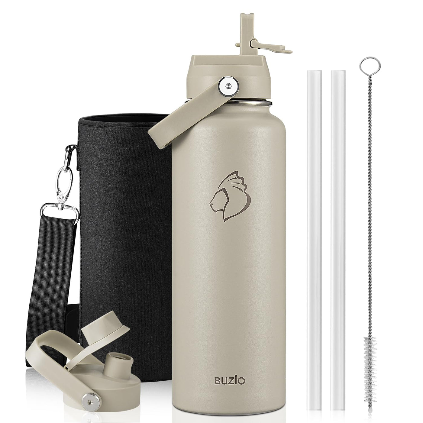 BUZIO 40oz Insulated Water Bottle, Triple Wall Vacuum Stainless Steel Water Flask with 2 lids, Lead-Free BPA-Free Straw Lid Sports Canteen Jug, Cold 48H & Hot 24H- Black
