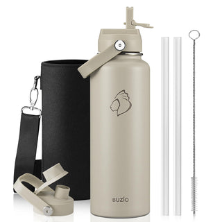 BUZIO 40oz Insulated Water Bottle, Triple Wall Vacuum Stainless Steel Water Flask with 2 lids, Lead-Free BPA-Free Straw Lid Sports Canteen Jug, Cold 48H & Hot 24H- Black