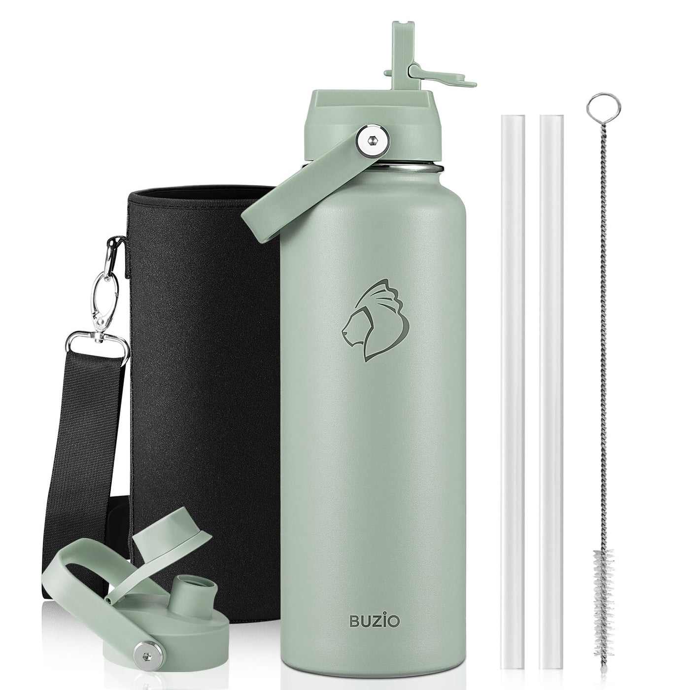 BUZIO 40oz Insulated Water Bottle, Triple Wall Vacuum Stainless Steel Water Flask with 2 lids, Lead-Free BPA-Free Straw Lid Sports Canteen Jug, Cold 48H & Hot 24H- Black