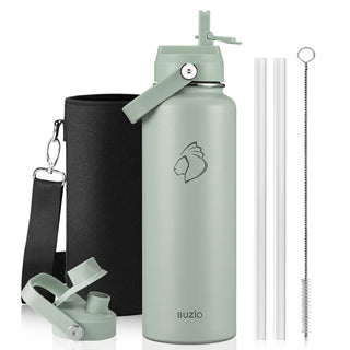 BUZIO 40oz Insulated Water Bottle, Triple Wall Vacuum Stainless Steel Water Flask with 2 lids, Lead-Free BPA-Free Straw Lid Sports Canteen Jug, Cold 48H & Hot 24H- Black