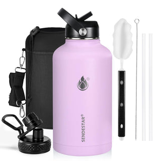 SENDESTAR Water Bottle 32oz Double Wall Vacuum Insulated Leak Proof Stainless Steel Sports Water Bottle—Wide Mouth with New Flex Straw Lid & Spout Lid (Deep Blue&Black)