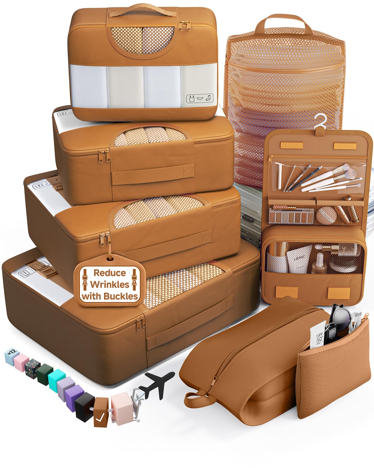 Veken 10 Set/8 Set Packing Cubes for Travel Essentials,Anti-Wrinkle Buckled Suitcase Organizer for Shoe & Toiletry Bag,Carry On Luggage Bag for Airplane & College Dorm Room Accessories,Women Men Gifts