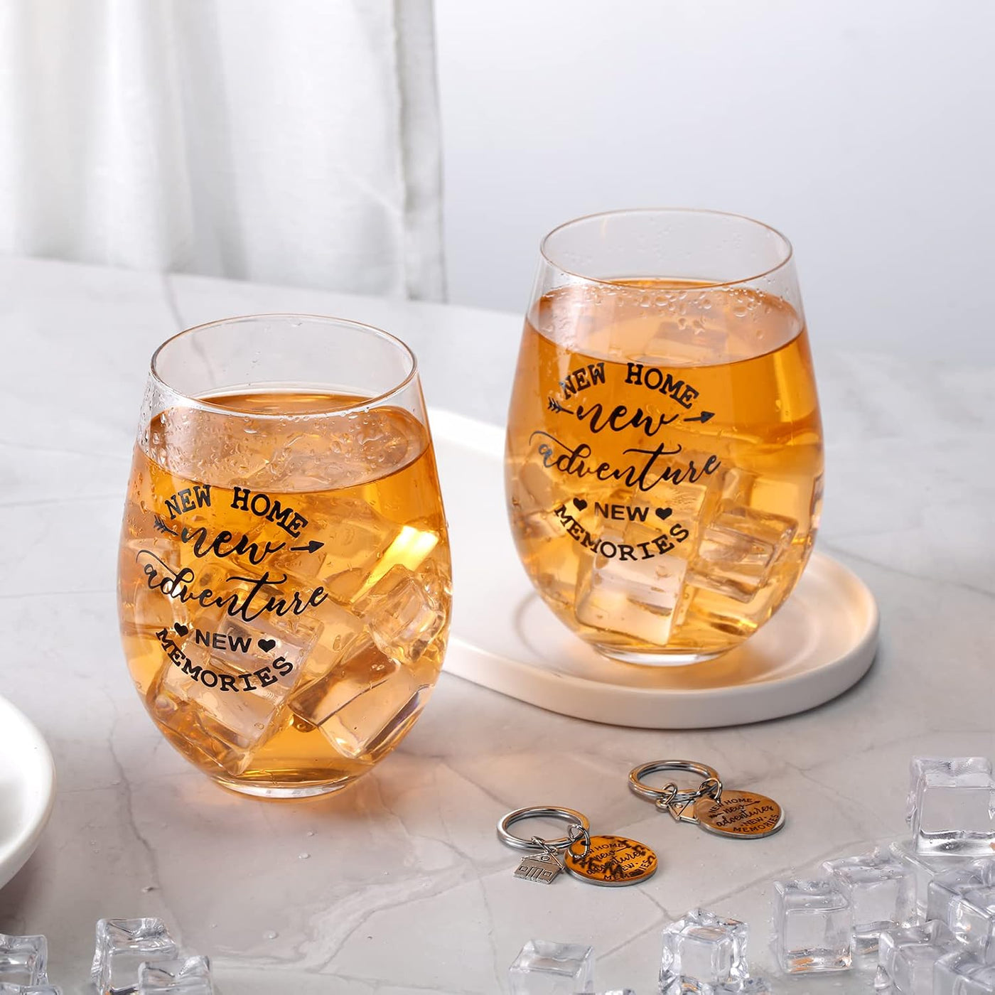 Lallisa 4 Pcs Housewarming Gifts for New House 2 Stemless Wine Glasses Bottle and 2 New Home Keychain Adventures Keyrings for Newlywed Couple, Friends, Apartment Homeowner Newlywed