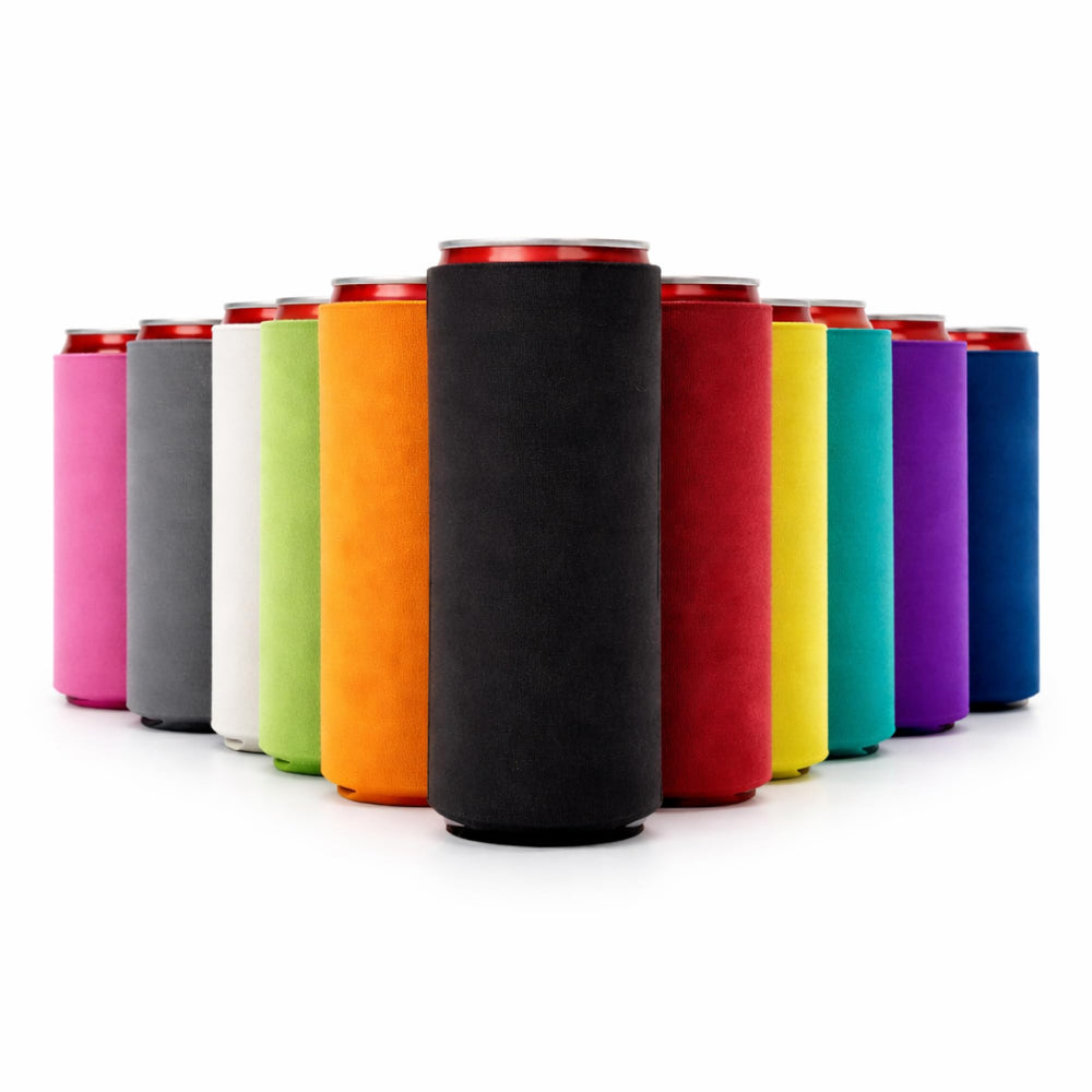 Slim Can Cooler Sleeves 12 Pack– Blank Foldable Neoprene 12oz Can Insulators – Skinny Beverage Coolers for Beer & Soda – Sublimation-Ready (Assorted)