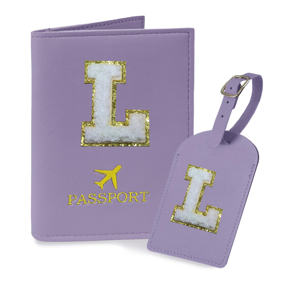 COSHAYSOO Purple Passport Cover Holder and Initial Luggage Tag Set TSA Approved with Personalized Monogram Chenille Letter Patch for Women Teen Girls, Cute Travel Bag Suitcase Identifier (A)