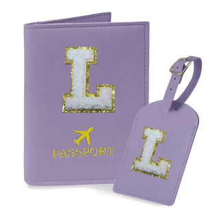 COSHAYSOO Purple Passport Cover Holder and Initial Luggage Tag Set TSA Approved with Personalized Monogram Chenille Letter Patch for Women Teen Girls, Cute Travel Bag Suitcase Identifier (A)