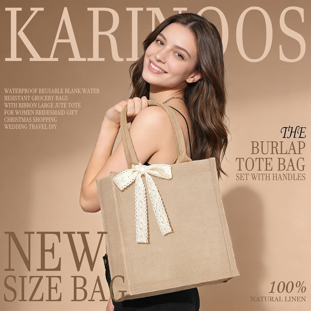 Small 6pcs Burlap Tote Bag Set with Handles, 11*9.45*3.94 Inch Waterproof Reusable Blank Grocery Bags with Ribbon Large Jute Tote for Women Bridesmaid Gift Beach Shopping Wedding Travel DIY