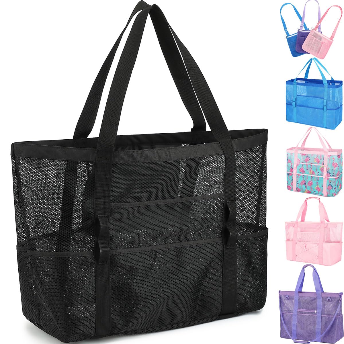 Fammart Mesh Beach Bag for Women, Large Beach Toy Pool Bag with Zipper Pocket, SandProof Cruise Essentials 2026 Family Travel
