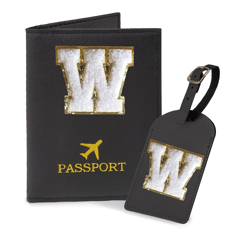 COSHAYSOO Purple Passport Cover Holder and Initial Luggage Tag Set TSA Approved with Personalized Monogram Chenille Letter Patch for Women Teen Girls, Cute Travel Bag Suitcase Identifier (A)
