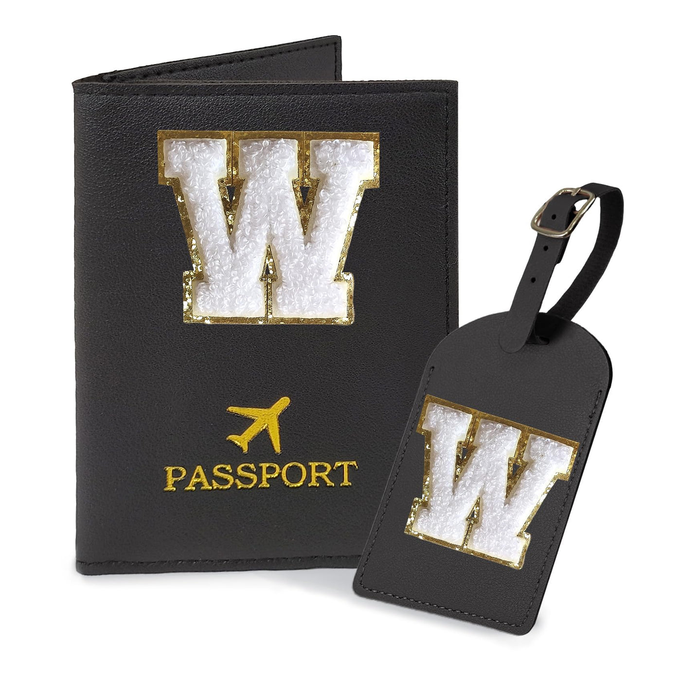 COSHAYSOO Purple Passport Cover Holder and Initial Luggage Tag Set TSA Approved with Personalized Monogram Chenille Letter Patch for Women Teen Girls, Cute Travel Bag Suitcase Identifier (A)