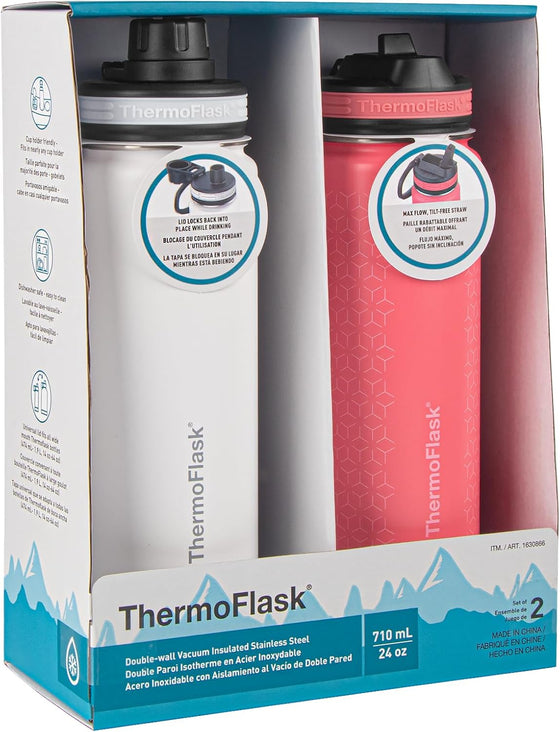 ThermoFlask Stainless Steel Water Bottles 2-Pack - Double-Wall Vacuum Insulated 24 oz BPA-Free Spout Lids - Keeps Drinks Cold 24 Hrs, Hot 12 Hrs - Leakproof, Dishwasher Safe, White/Coral - hover image