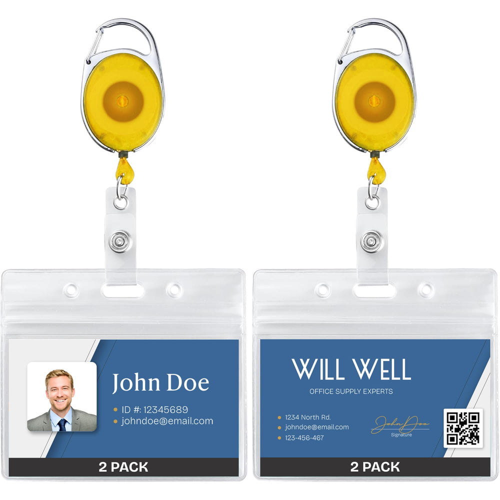 Will Well ID Badge Holders with Clip and Keyring - Vertical Clear Plastic 2.52" x 3.58" Sleeves Fit Up to 3 Cards - Retractable 24" UHMWPE Fiber Pull Cords for Easy Access - 2-Pack, Black Reels