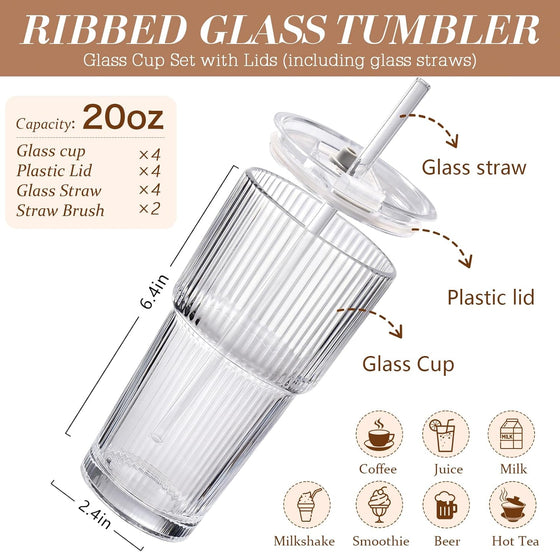 Iced Coffee Cups with Lids: Coffee Bar Accessories - Ribbed Glass Tumbler with Straw and Lid 4Pcs - 20oz Leak Proof Tumbler - Reusable Glass Cups and Tumblers with Lid and Straws for To Go Iced Coffee - hover image
