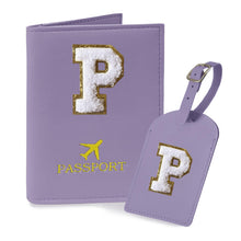 COSHAYSOO Purple Passport Cover Holder and Initial Luggage Tag Set TSA Approved with Personalized Monogram Chenille Letter Patch for Women Teen Girls, Cute Travel Bag Suitcase Identifier (A)