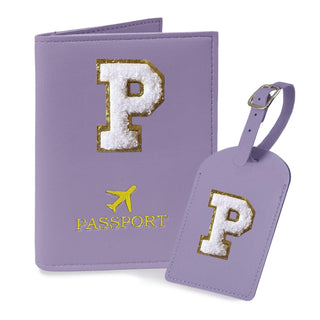 COSHAYSOO Purple Passport Cover Holder and Initial Luggage Tag Set TSA Approved with Personalized Monogram Chenille Letter Patch for Women Teen Girls, Cute Travel Bag Suitcase Identifier (A)