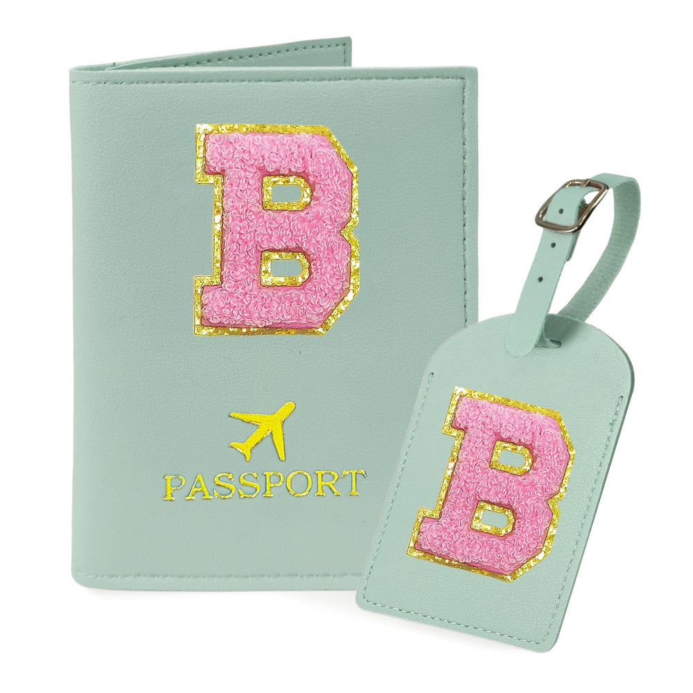COSHAYSOO Purple Passport Cover Holder and Initial Luggage Tag Set TSA Approved with Personalized Monogram Chenille Letter Patch for Women Teen Girls, Cute Travel Bag Suitcase Identifier (A)