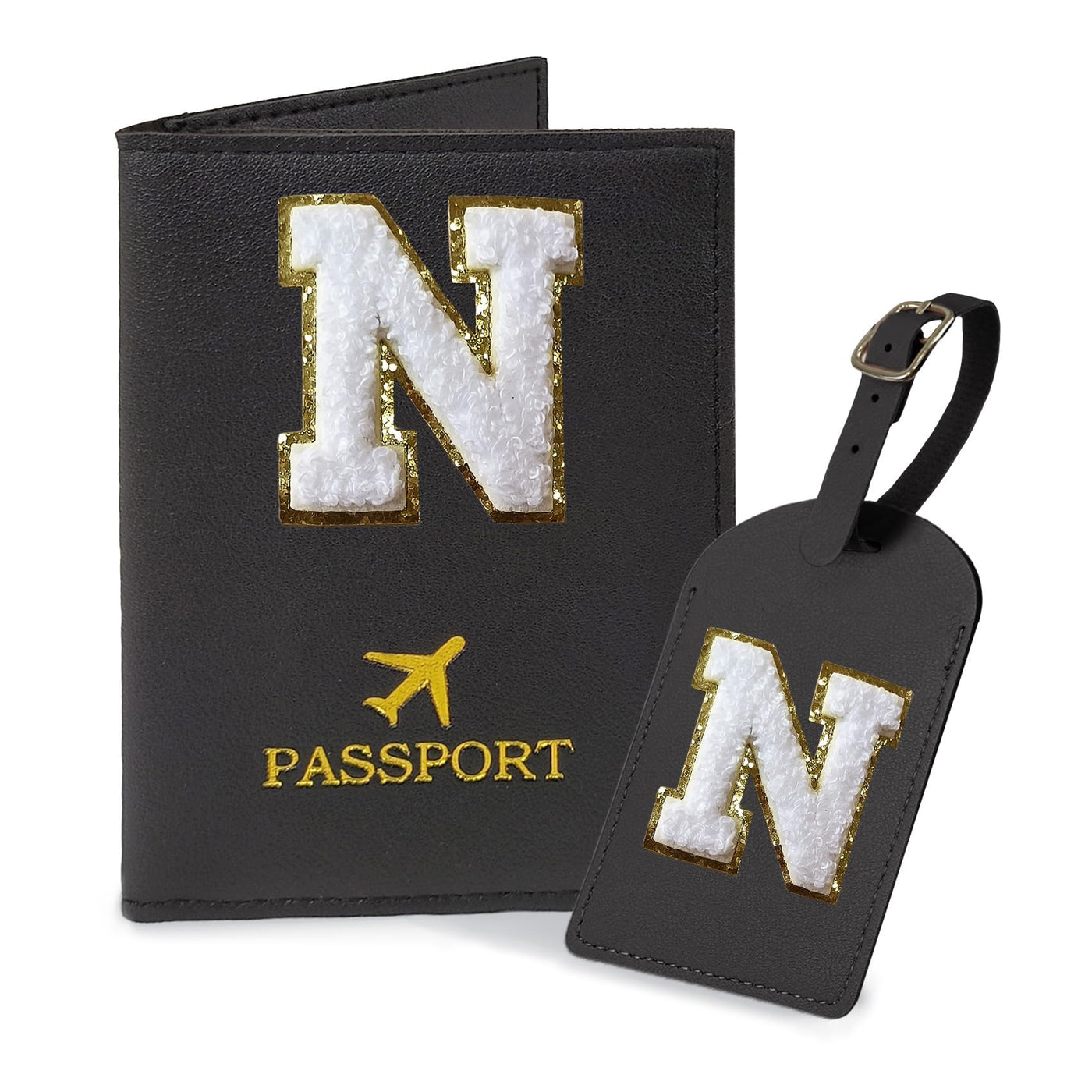 COSHAYSOO Purple Passport Cover Holder and Initial Luggage Tag Set TSA Approved with Personalized Monogram Chenille Letter Patch for Women Teen Girls, Cute Travel Bag Suitcase Identifier (A)