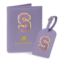 COSHAYSOO Purple Passport Cover Holder and Initial Luggage Tag Set TSA Approved with Personalized Monogram Chenille Letter Patch for Women Teen Girls, Cute Travel Bag Suitcase Identifier (A)
