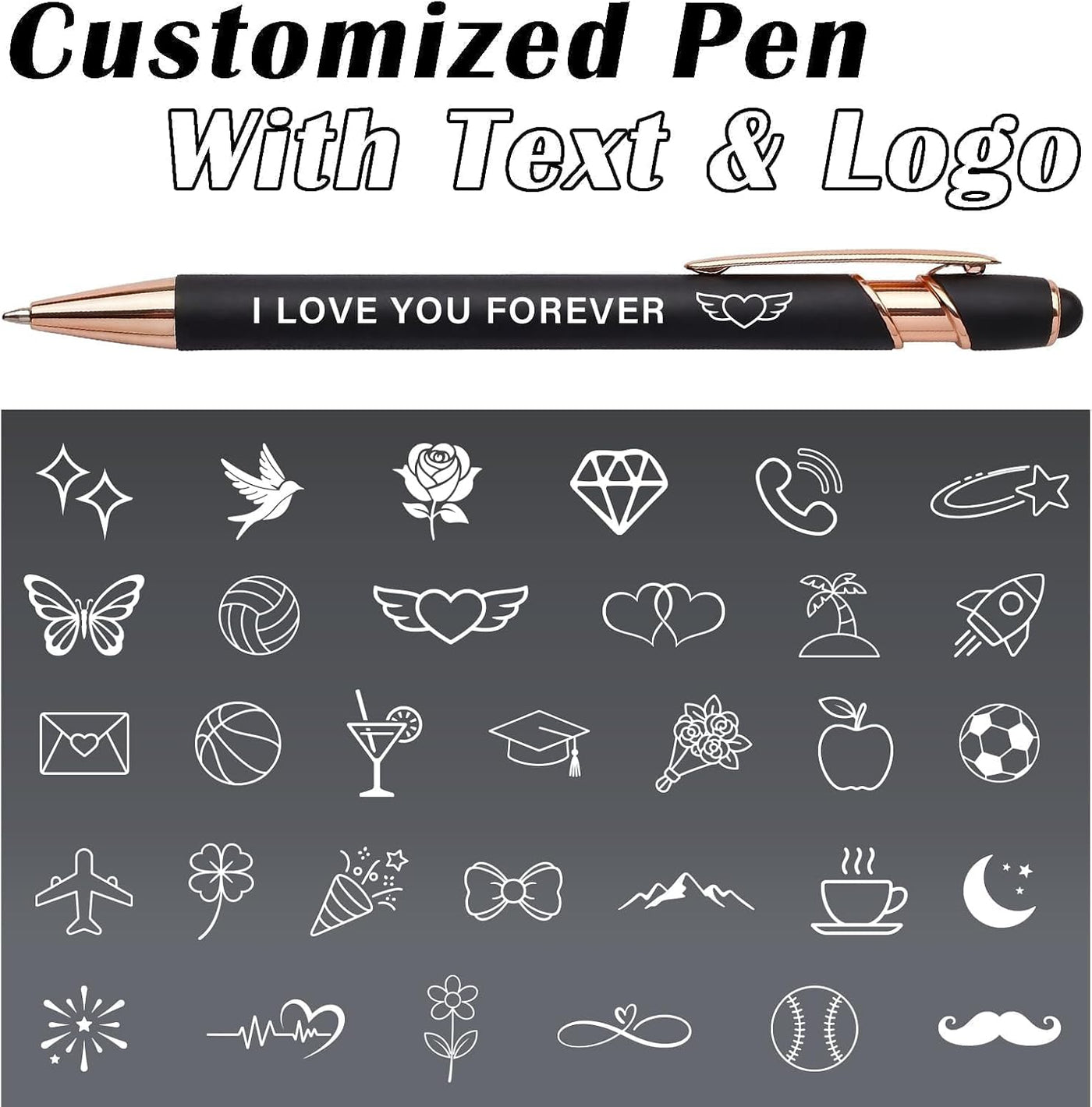 WNNNS Bulk Custom Pens Personalized with Name & Logo, Customized Engraved Pens, Black Ink Ballpoint with Stylus Tips, Office Employee Graduation Teacher Appreciation Gifts.