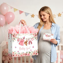 Yusenguan 16.5" Extra Large Baby Gift Bag Set with Tissue Paper and Greeting Card, Pink Floral Design for Girl Baby Shower, Kids Birthday Party and Newborn Gifts